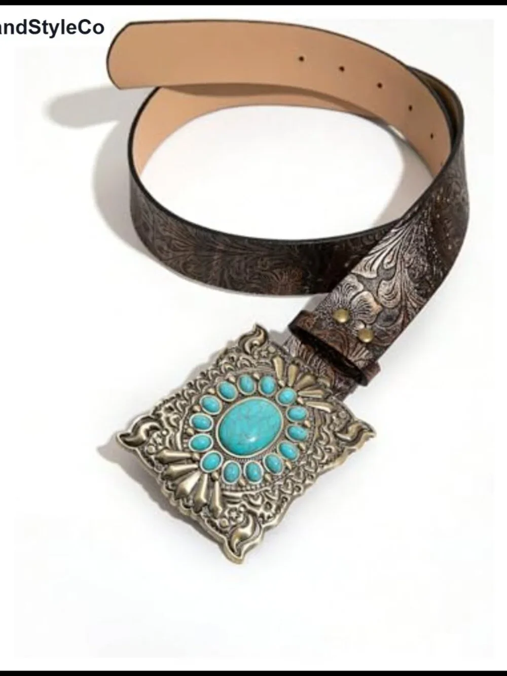 Western Leather Belt with Turquoise Concho Buckle, Floral Design